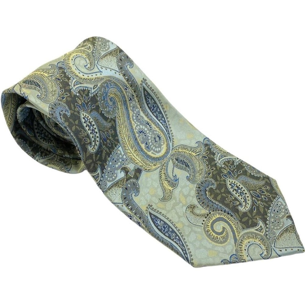 Massimo Ferre Mens Silk Necktie Green Blue Paisley Hand Made Office Fathers Day